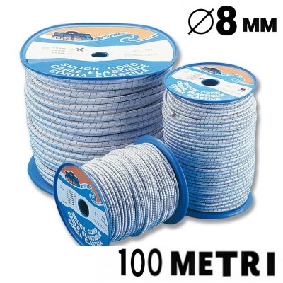 CORDA ELASTICA SPECIALE MARINA BIANCA FILOSEGNALE BLU NAVY DIAMETRO 8 MM IN BOBINA DA 100 METRI NAUTICA