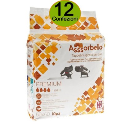 Multipack 12 Confezioni Assorbello Tappetini igienici Premium per Cani cm 60x60 Confezione da 10 Tappetini