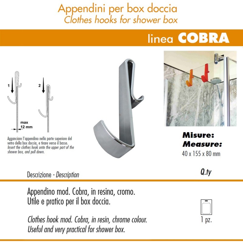 Pika' 1 Appendino per Box Doccia COBRA Satinato Cromato 15,5 Centimetri  Accessorio Bagno