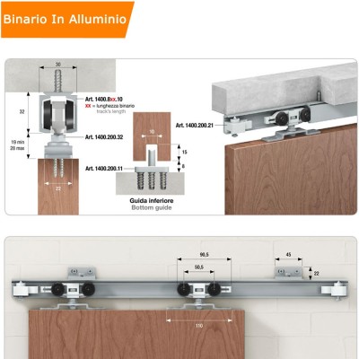 Guida Per Porte Scorrevole Binario Con Carrelli In Alluminio mm 1550 Portata Kg 80