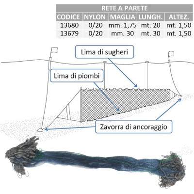 RETE A PARETE PER LA PESCA MT 20 ALTEZZA MT 1,5