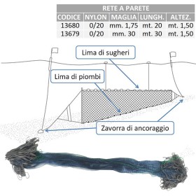 RETE A PARETE PER PESCA LUNGHEZZA MT 30 H 1,5 MT