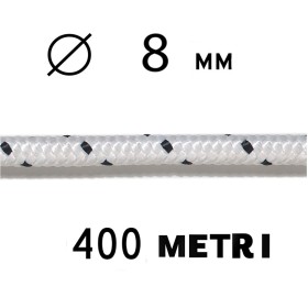 TRECCIA IN POLIESTERE DIAMETRO 8 MM SERIE STANDARD BOBINA DA 400 METRI BIANCA F.SEGNALE NERO NAUTICA