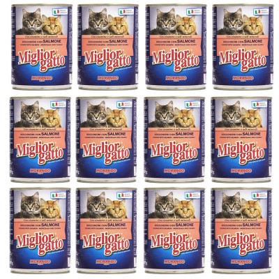 Multipack di 12 Barattoli Migliorgatto Bocconcini con Salmone da 405 Grammi Ciascuno
