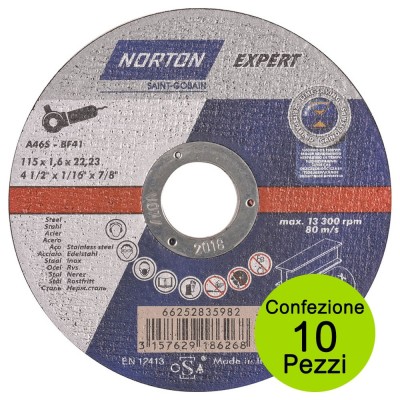 Multipack 10 Pezzi Dischi Da Taglio Norton Per Acciaio Inox mm 115x1,6x22,23