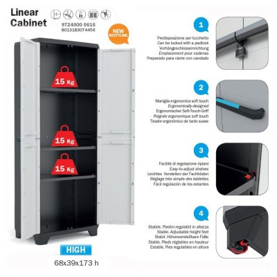 Armadietto alto a doppia anta e 3 ripiani cm 68x39x173 serie Linear