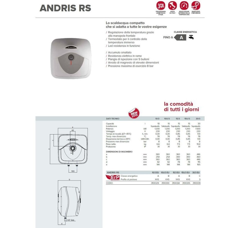 Scaldacqua Elettrico Murale Ariston Andris Rs 15U Litri 3 Anni Sottolavello