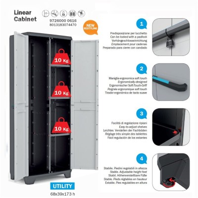 Armadietto alto a doppia anta con vano portascope e 3 ripiani cm 68x39x173 serie Linear