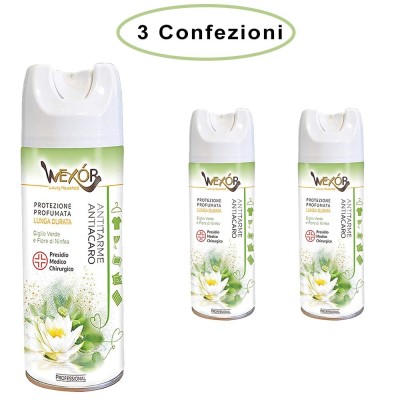 Wexor Spray Antitarme e Antiacaro Giglio Verde e Fiore di Ninfea Professionale 3 Confezioni da 400 Ml