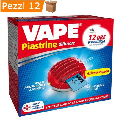 Mulitpack da 12 Elettroemanatori Vape Anti Zanzare a Spina in Confezione con 10 Piastrine Ciascuno