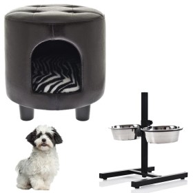 Multipack da 2 pz Pouf per Cani Zebrato, Supporto Alzaciotole con Ciotole Medium