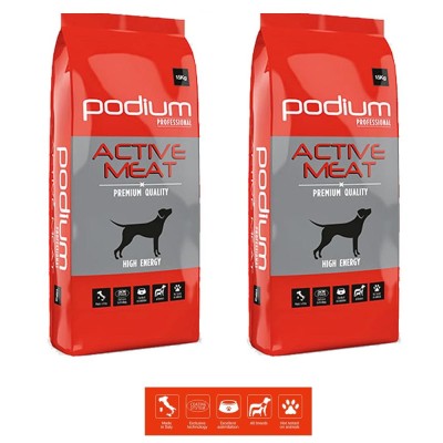 Multipack di 2 Confezioni da 15 Kg di Podium Crocchette per Cani Professional Active Meat Formula Alta Energia