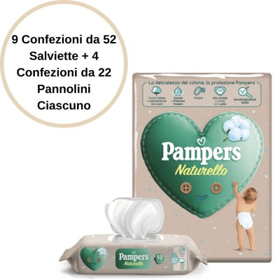 Pampers Naturello 9 Salviette + 4 Confezioni Pannolini da 22 Pannolini Ciascuno