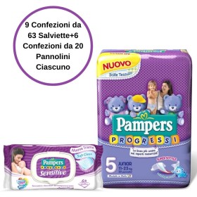 Pampers Progressi Pannolini 5 Junior 6 Confezioni + Sensitive Salviette
