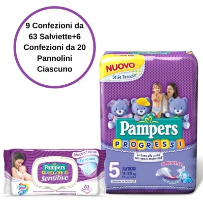 Pampers Progressi Pannolini 5 Junior 6 Confezioni + Sensitive Salviette