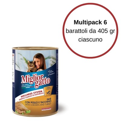 Multipack da 6 Barattoli di Miglior Gatto Bocconcini  Pate' con Pollo e Tacchino 405 Gr Ciascuno