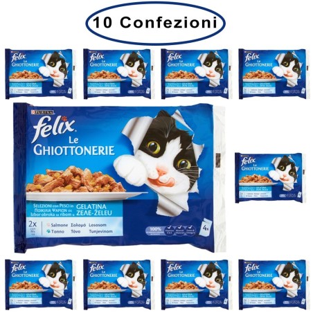 Purina Felix Le Ghiottonerie Umido Gatto Salmone & Tonno 10 Confezioni da 4 Buste da 100 Grammi